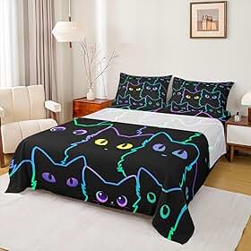 Erosebridal Jogo de cama com elástico de gato para meninas e adolescentes, conjunto de lençóis de desenho animado em tamanho real de gatos para amantes de gatos, lençol de cama de animal fofo para