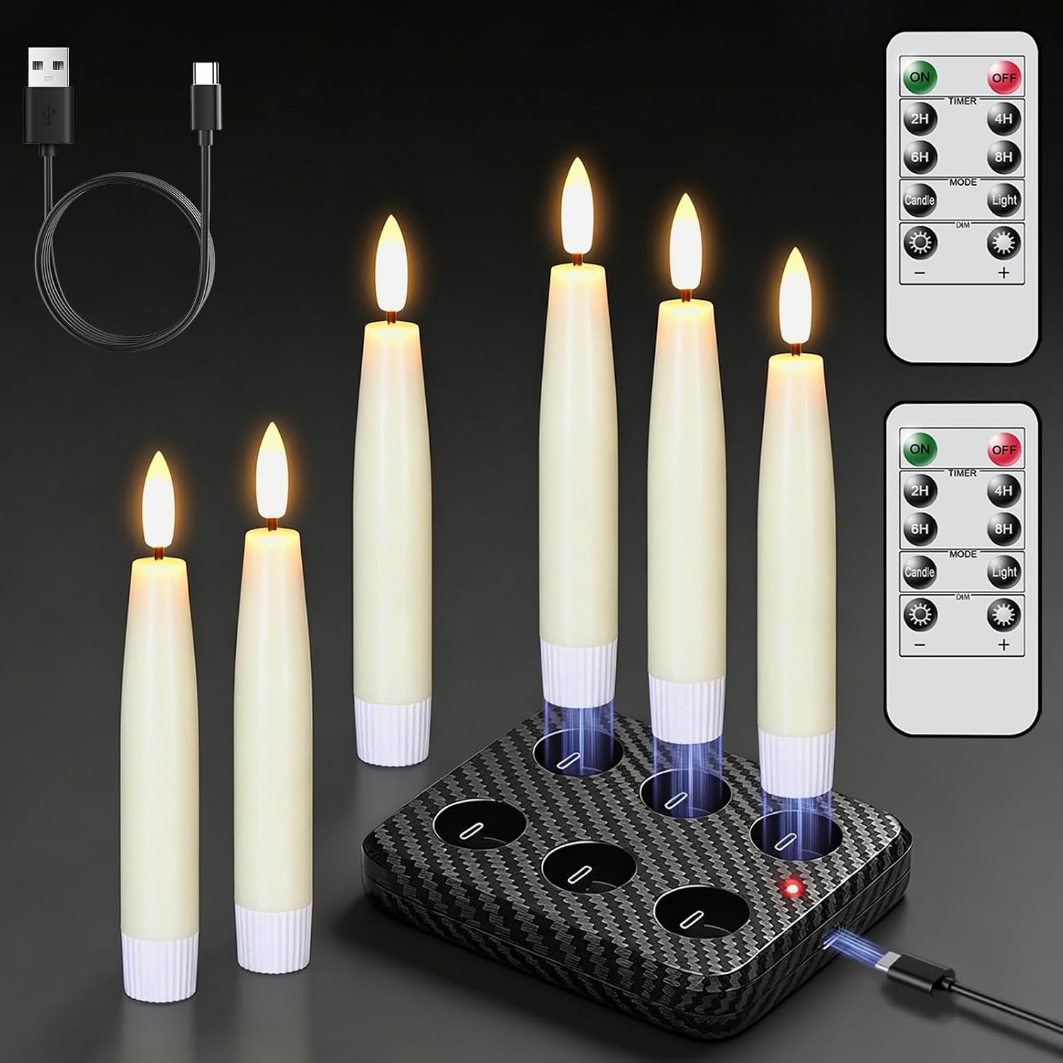 GenSwin Rechargeable Flameless Taper Candles Charging Base 2 Remote Ivory