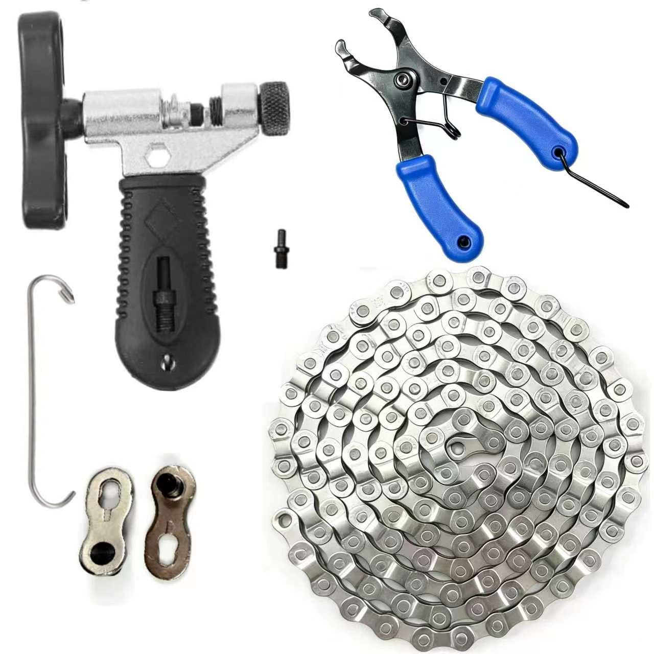 Bike Chain Kit for E-Bike, 6/7/8 Speed 126 Links Dark Silver | High Tensile 1/2x3/32 Alloy Steel Bicycle Chain with Quick Buckle, Link Plier, Chain Breaker, 2205Lbs for Road MTB