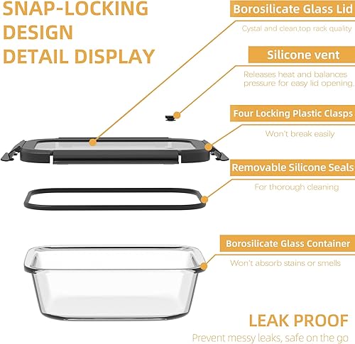 Miniatura 2 de BYLWORKOUT - Recipientes de vidrio para preparación de comidas, paquete de 3 recipientes de almacenamiento de alimentos de borosilicato con tapas