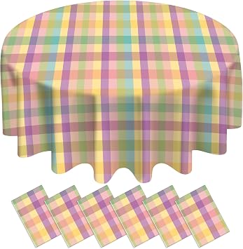 6Pcs Spring Easter Buffalo Plaid Checkered Tablecloth Decorations, Plastic Purple Green Yellow Pastel Dinner Round Table Cover for Indoor Outdoor Birthday Easter Baby Shower Tea Party Supplies, 84Inch