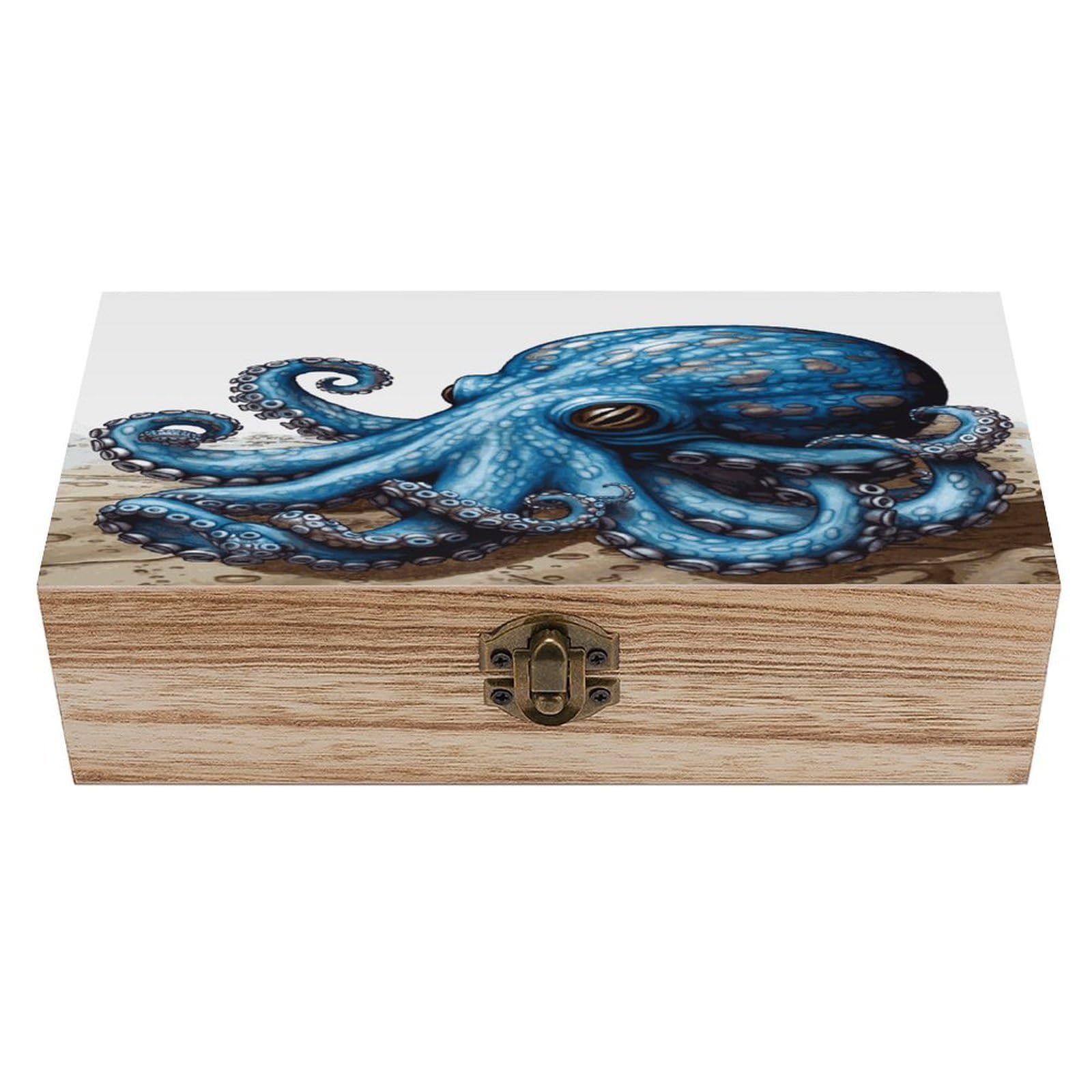 MUSM Blue Octopus Wooden Storage Box Vintage Wood Box with Lid Exquisite Crafts DIY Wood Gift Boxes Fashion Jewelry Boxes Art Stash Keepsake Storage Case Large Jewelry Case