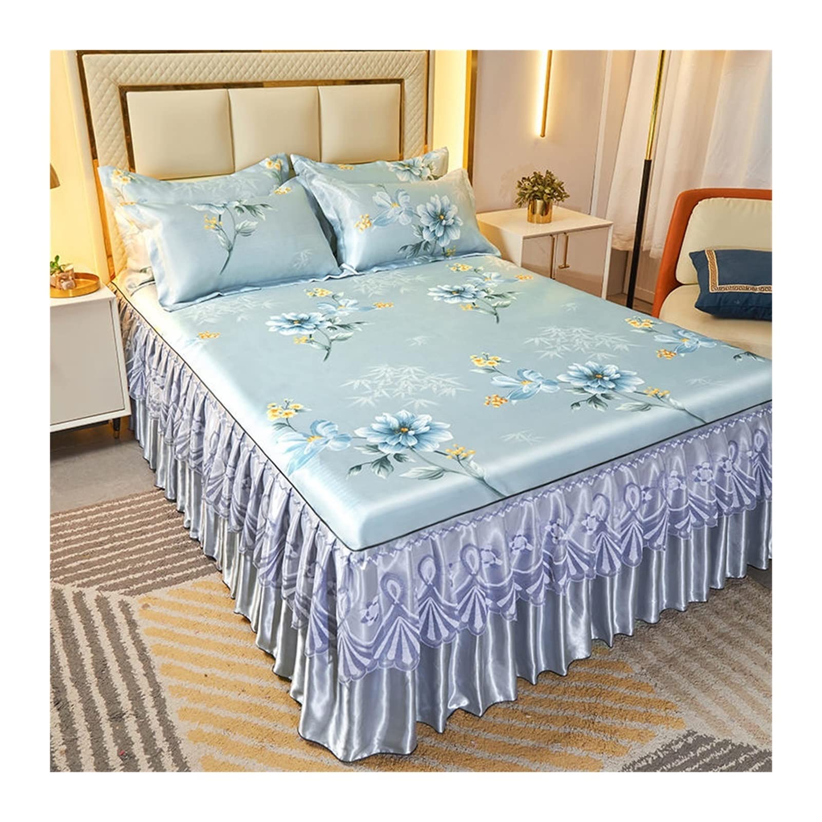 Sabanas Seda Juego de 3 uds de Falda de Cama de Seda Helada de Estilo Princesa, Funda de Almohada, Colcha de Encaje de tamaño Queen King, sábana Suave y Fresca(Tape-1,200x220cm 3pcs)