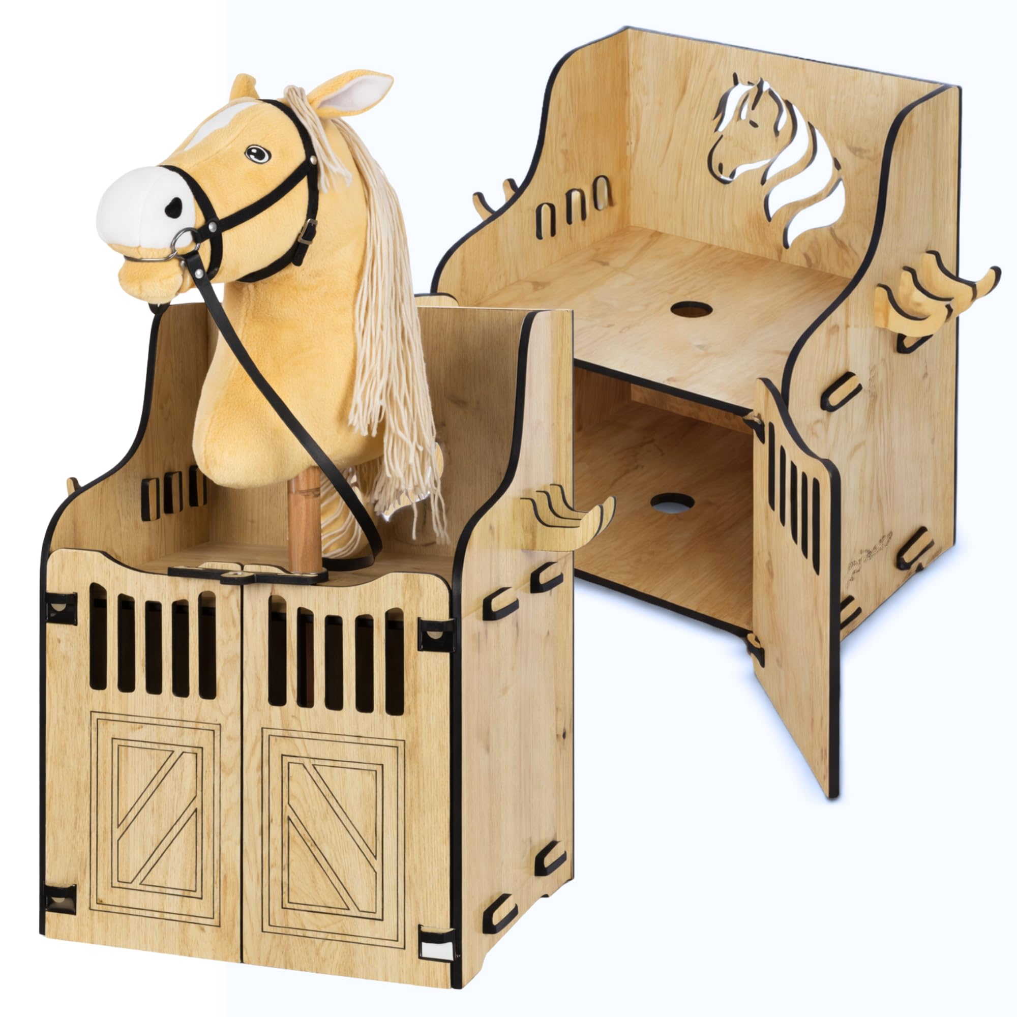 Soporte de pared para caballos Hobby Horse Stall - Accesorio práctico para establos con puertas, almacenamiento y ganchos, 1