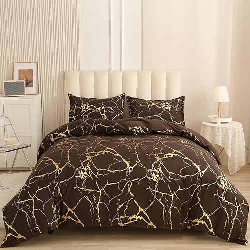 Holawakaka - Juego de edredón con diseño de mármol metálico dorado, con líneas, brillantina y de tamaño queen, color cafédorado, tamaño queen