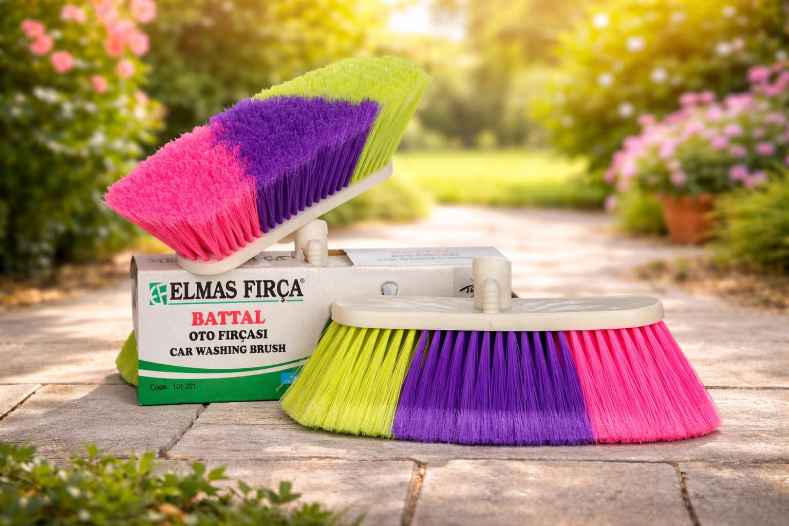Elmas Fırça Battal Oto Yıkama Fırçası, Çok Amaçlı Temizlik Fırçası, Jant ve Lastik Temizleme, Karışık Renk, 23 cm
