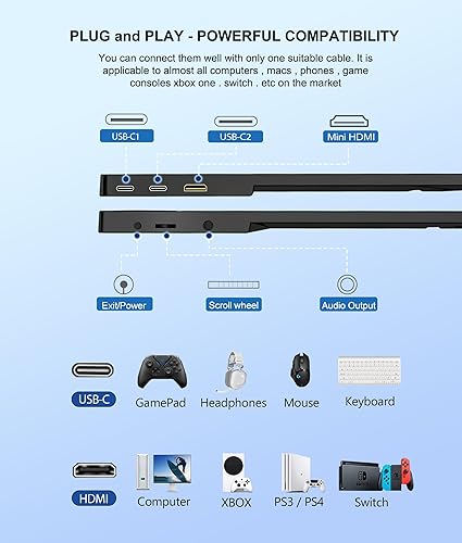 Miniatura 7 de Monitor portátil 2K de 17.3 pulgadas, monitor portátil ultra delgado y ligero, pantalla externa WQHD 1440P con altavoces duales y segunda pantalla