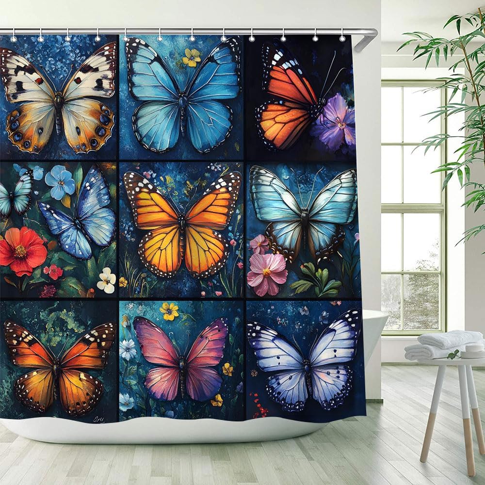 Butterfly Floral Shower Curtain Watercolor Flower Branch Leaves Spring Botanical Modern Minimalist Wildflower Nature Plant Bathroom Decor Polyester Fabric Curtains with Hook 80Wx70H Inches