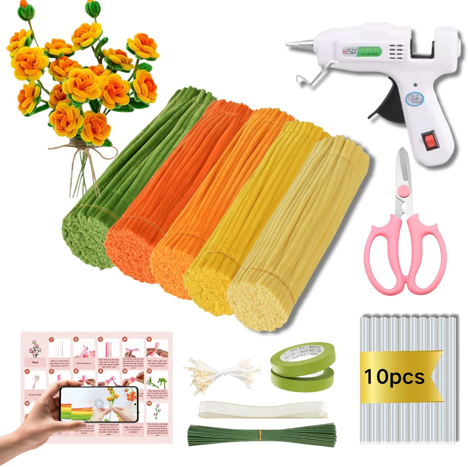Xokpait 500pcs Pipe Cleaners Flowers Kit,Chenille Stems for DIY Flower Making Kit,Pipe Cleaners Projects Creative for DIY Art and Craft,Ideal for Holiday Decoration(Yellow)
