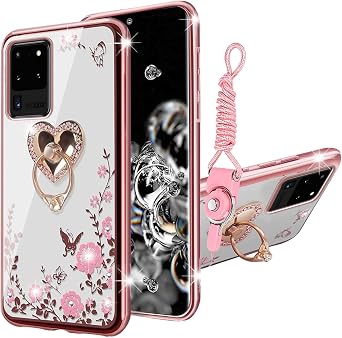 for S20 Ultra Phone Case,Galaxy S20 Ultra Case 6.9" for Women Glitter Crystal Soft Butterfly Heart Floral Clear Protective Cover with Kickstand+Strap for Samsung Galaxy S20 Ultra Rose Gold
