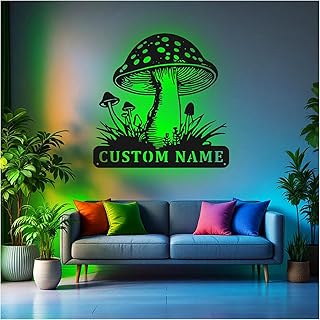 Custom Name Mushroom LED Metal Wall Sign – Personalized Garden Theme Decor for Indoor Plant Room or Porch