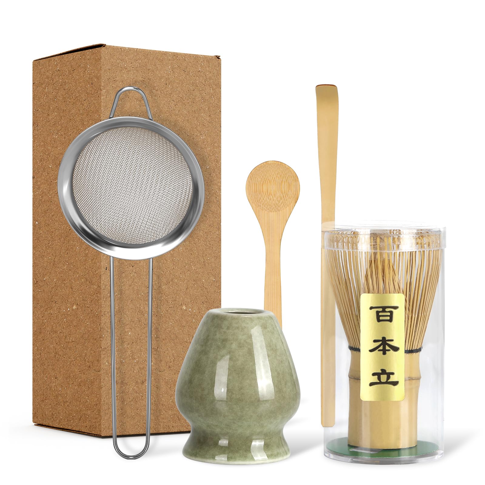 Matcha Schneebesen Set, 5 Stück mit Bambus Matcha Schneebesen, Keramik Chasen Halter, Pulver Starter Sieb, Bambus Schaufel, Löffel, Matcha Tee Herstellung Werkzeuge für Starter Matcha Liebhaber