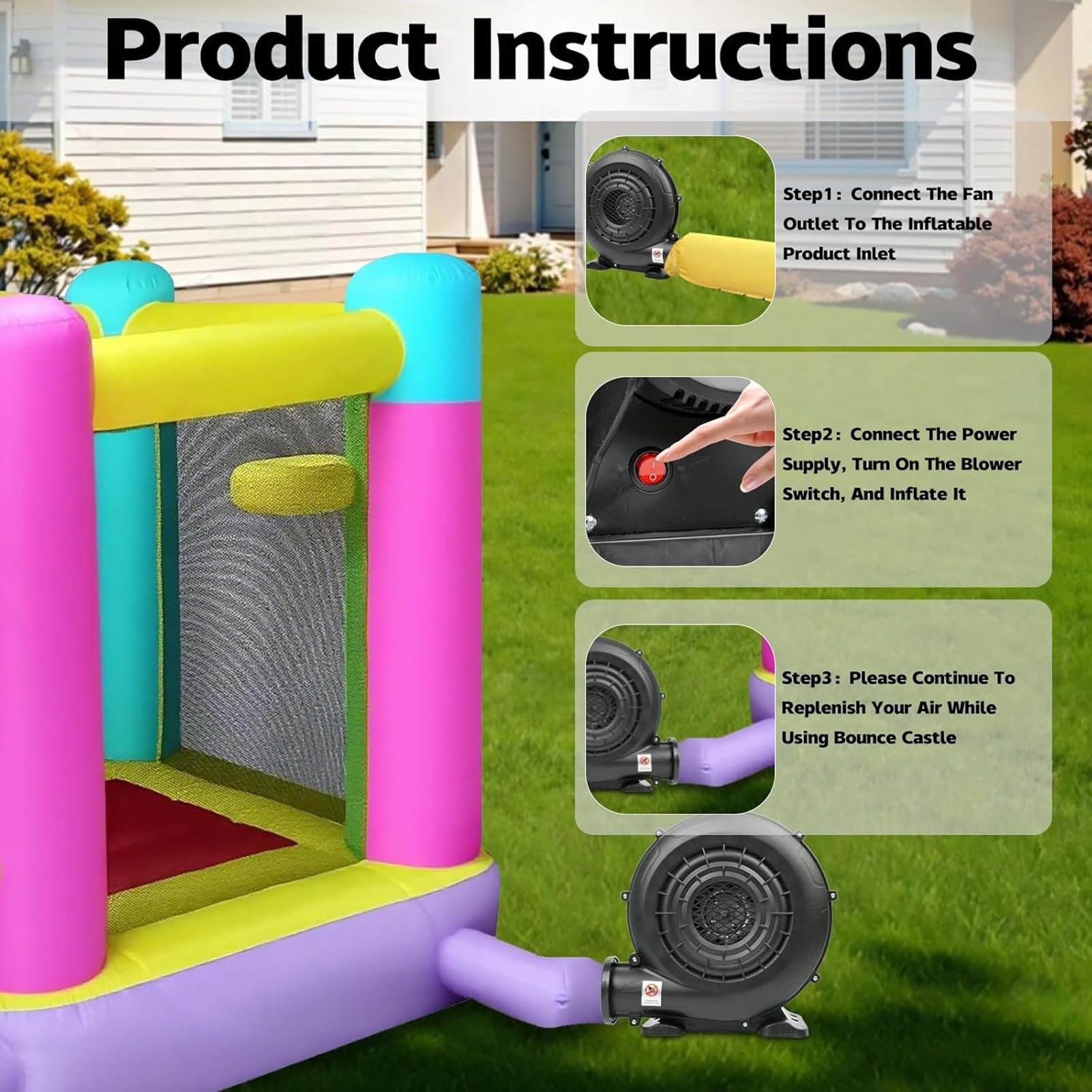Bounce House dmuchawa do grilla, przenośna pompka, energooszczędna, komercyjna, przewodowa dmuchawa powietrza, do nadmuchiwanego domku odbijającego, dmuchanego zamku i zjeżdżalni wodnej
