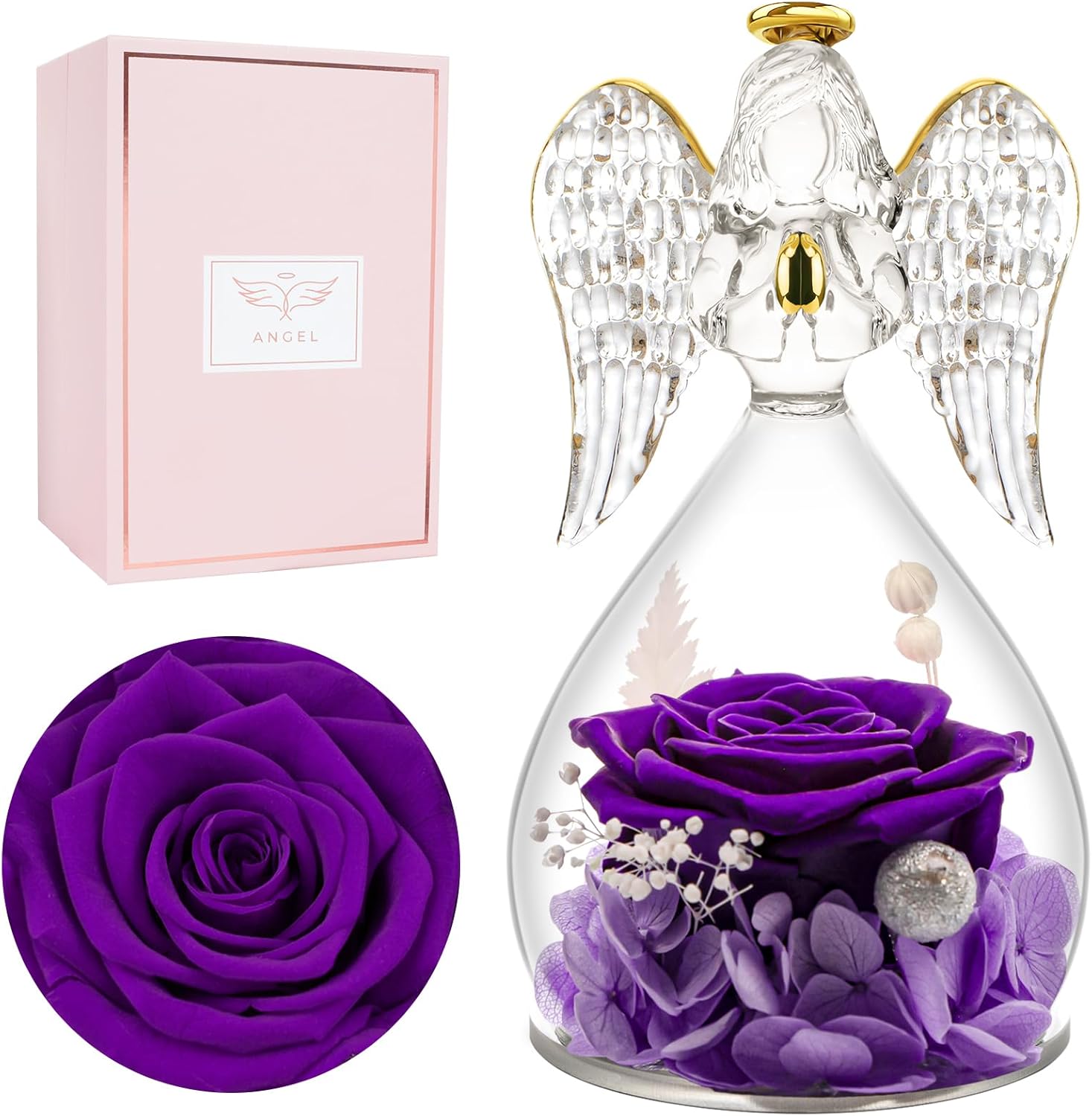 Miofula Preserved Flower Rose Birthday Gifts for Mom, Angel Figurines with Forever Real Rose Gifts for Her Mom Grandma, Angels Gifts for Mothers Day Christmas Anniversary Thanksgiving Birthday