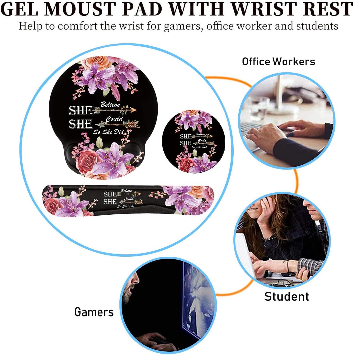 Keyboard Wrist Rest and Mouse Pad Wrist Support Set with Coaster,Non-Slip PU Base for Gaming and Office,Comfortable & Lightweight for Easy Typing & Pain Relief,Flower She Believed She Could So She Did