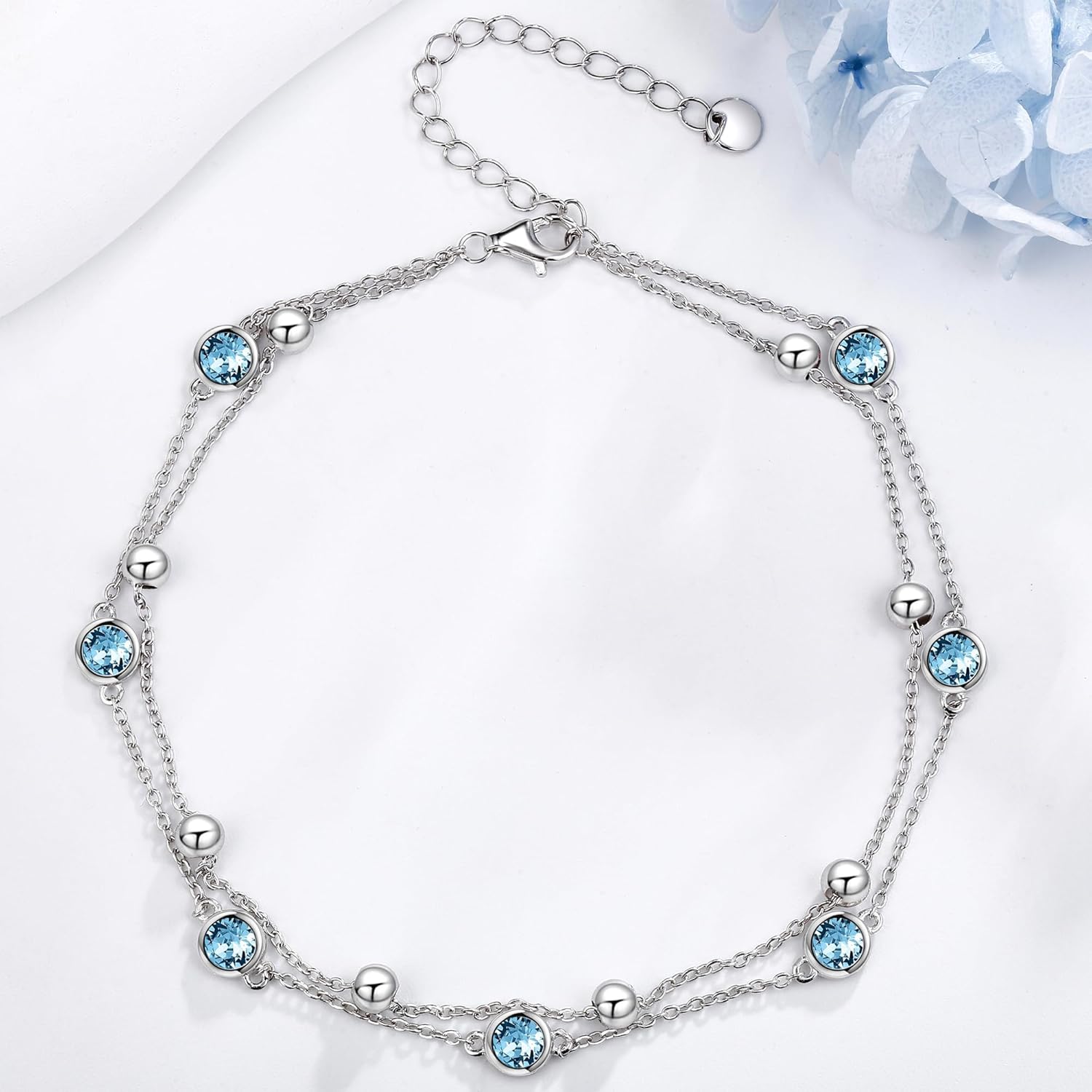 POPLYKE S925 スターリングシルバー クリスタル タンザナイト パープル アンクレット レイヤード チェーン アンクルブレ