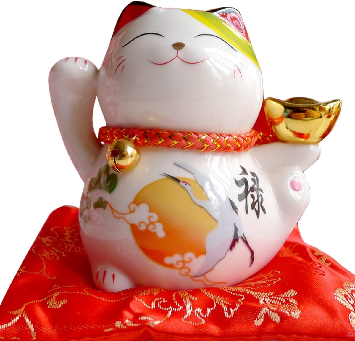 4" White Ceramic Maneki Neko Lucky Cat Coin Bank Style Cranes
