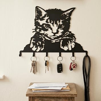 DEKADRON Kedi Metal Portmanto, Duvara Monte Portmanto, Metal Duvar Ask s , Duvara Monte Ask , Ev Dekorasyonu,  apka Ask s , Anahtarl k, Giri  Yolu Palto Kancalar , Metal Raf, Elbise Ask s  60x40cm