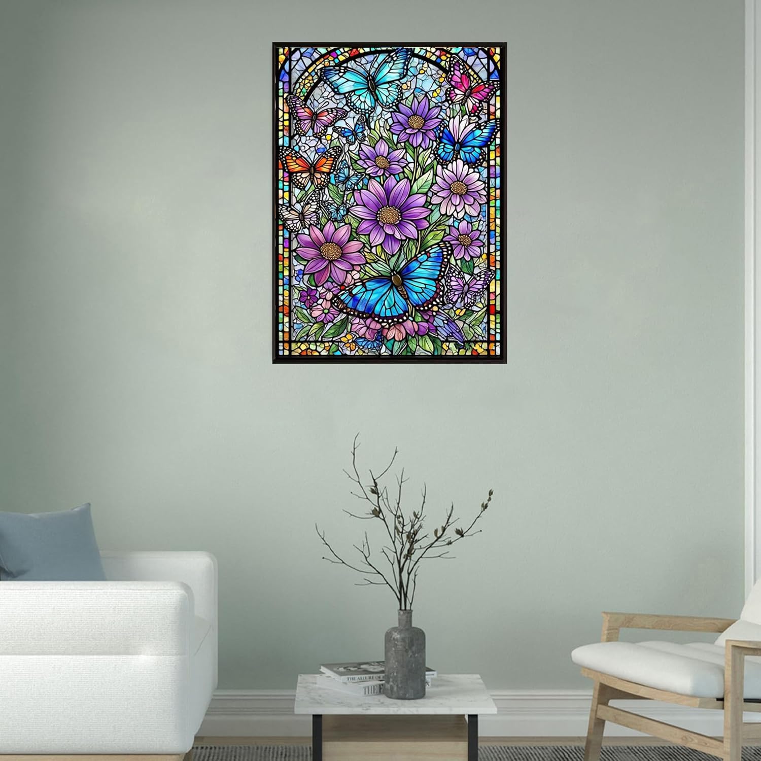 Stained Glass Diamond Painting Kit: Vibrant Flowers & Butterflies, 5D Full Drill DIY Diamond Art for Adults, Stress Relief Craft, Stunning Wall Decor Gift Idea (12x16 Inch)