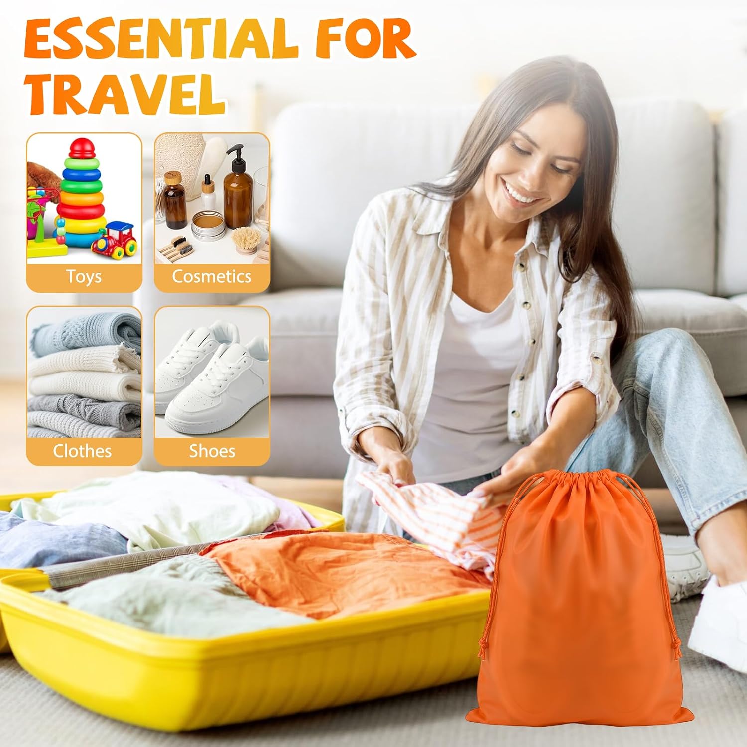 Shoe Bags for Travel, 15.7" x 11.8" Travel Shoe Bags for Packing, Large Waterproof Portable Drawstring Travel Shoe Storage Bag Travel Essentials Women for and Men (Orange & Black & Pink & Blue)