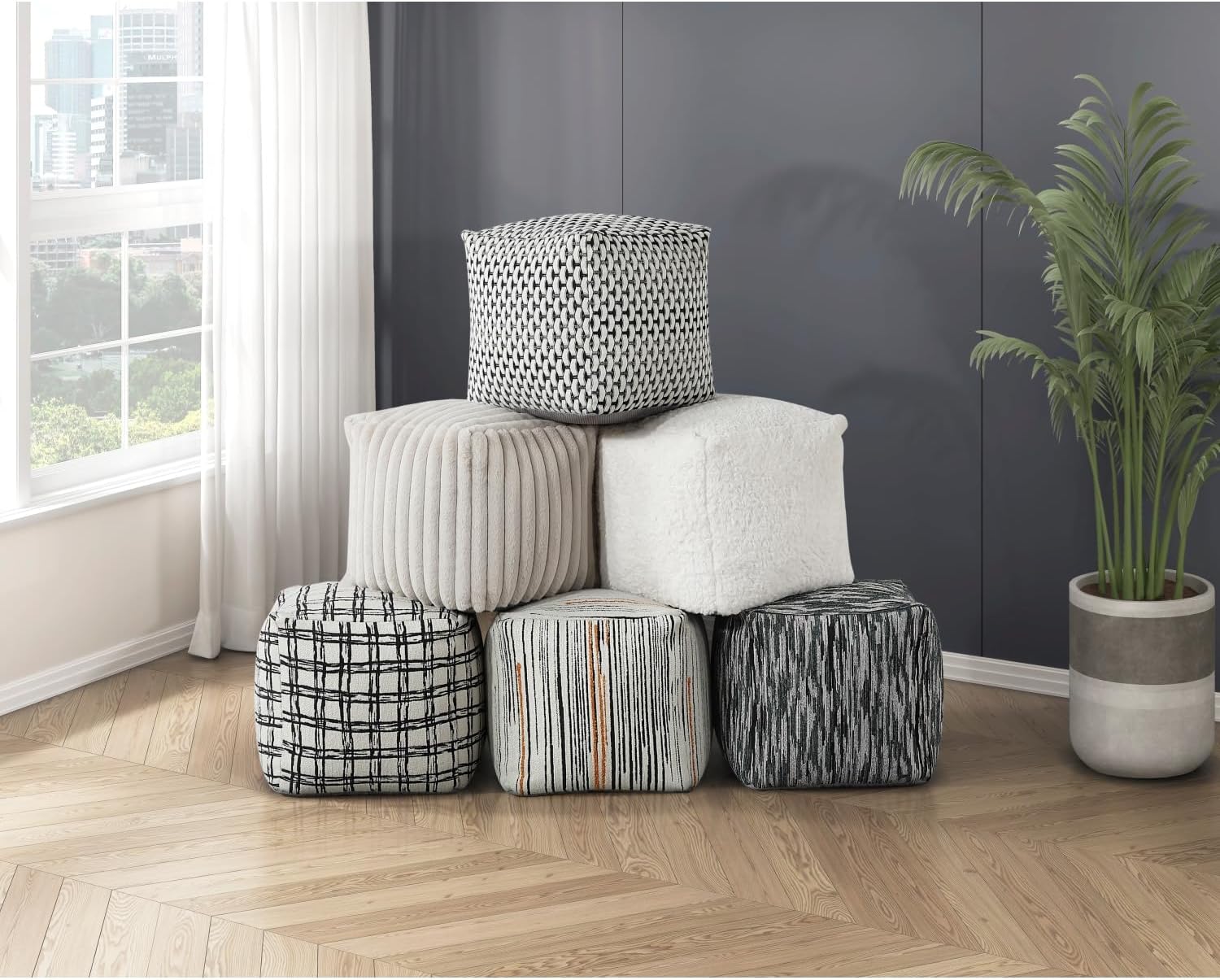 Square Pouf Jacquard Fabric Upholstery Modern Ottoman, Footstool, Non-Slip Floor Pouf, Bean Bag Chair