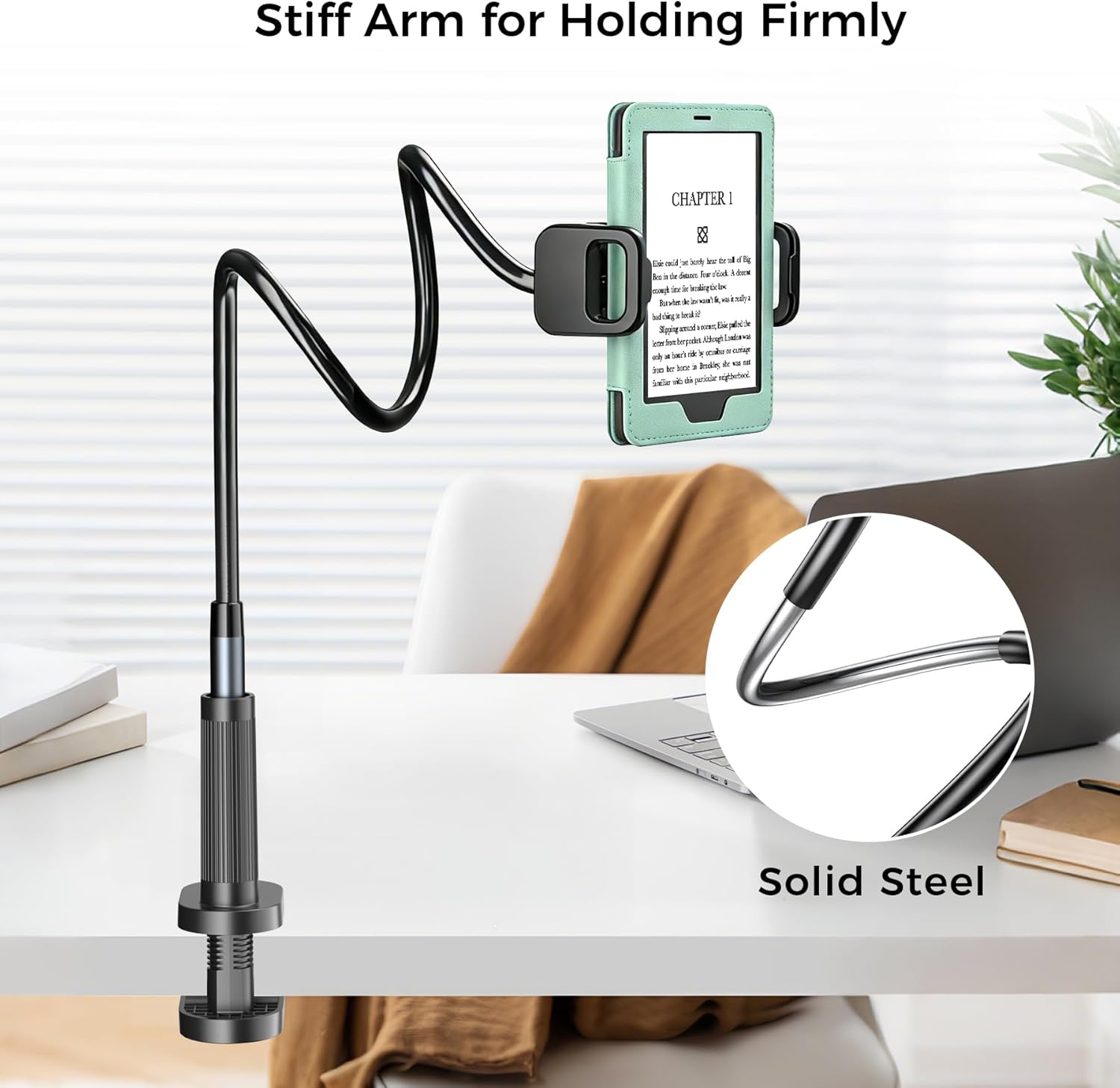 Kefotic Long Gooseneck Tablet Holder for Bed Works with Thick Case, eReader Stand Compatible with All Kindle Paperwhite Colorsoft Scrible, Desk Flexible Arm for iPad iPhone Fire HD Smartphones