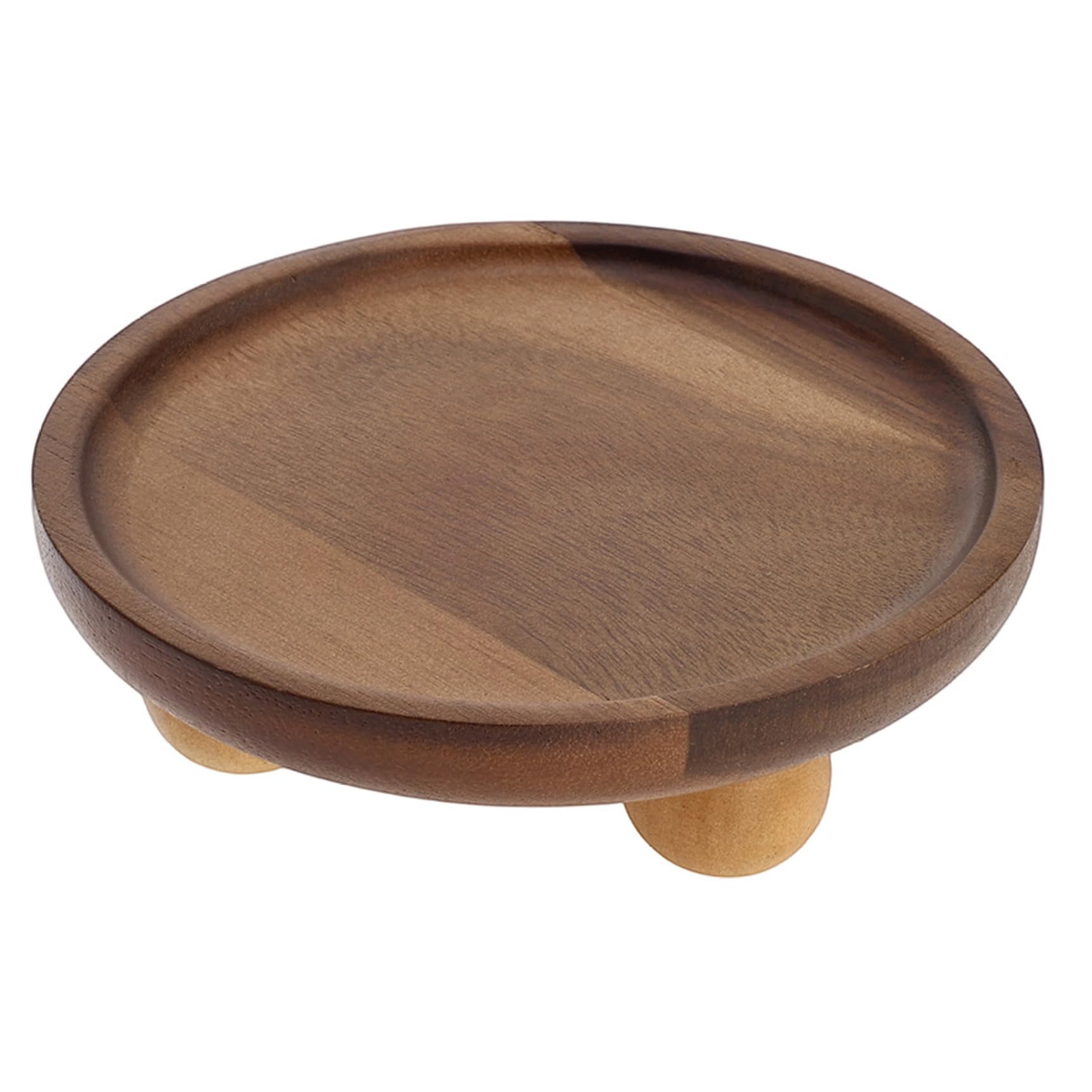 Ameble Brown 5.1 Inch Acacia Wood Round Tray With Raised Feet, Decorative Serving Tray For Jewelry, Keys, Candles, Rustic Home Decor For Vanity, Entryway Display