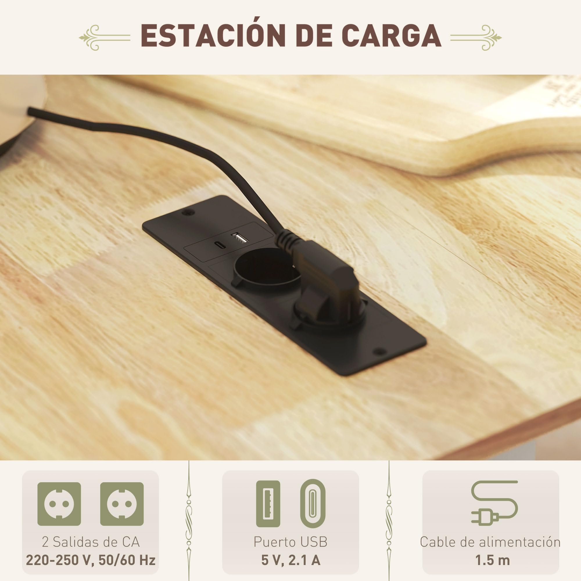 HOMCOM Isla de Cocina con Ruedas y Toma USB, Tablero Plegable, Blanco | Carro de Cocina, 2 Cajones, 2 Puertas, Estante Ajustable, Especiero, Toallero, 119,5x74x94,5 cm