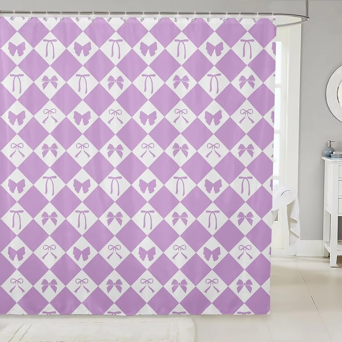 KELAIMI Cute Coquette Style Geometric Shower Curtain,Argyle Bow Bathroom Curtains with Hooks,Simple Waterproof Polyester Fabric Bathtub Curtains Purple 90X180Cm