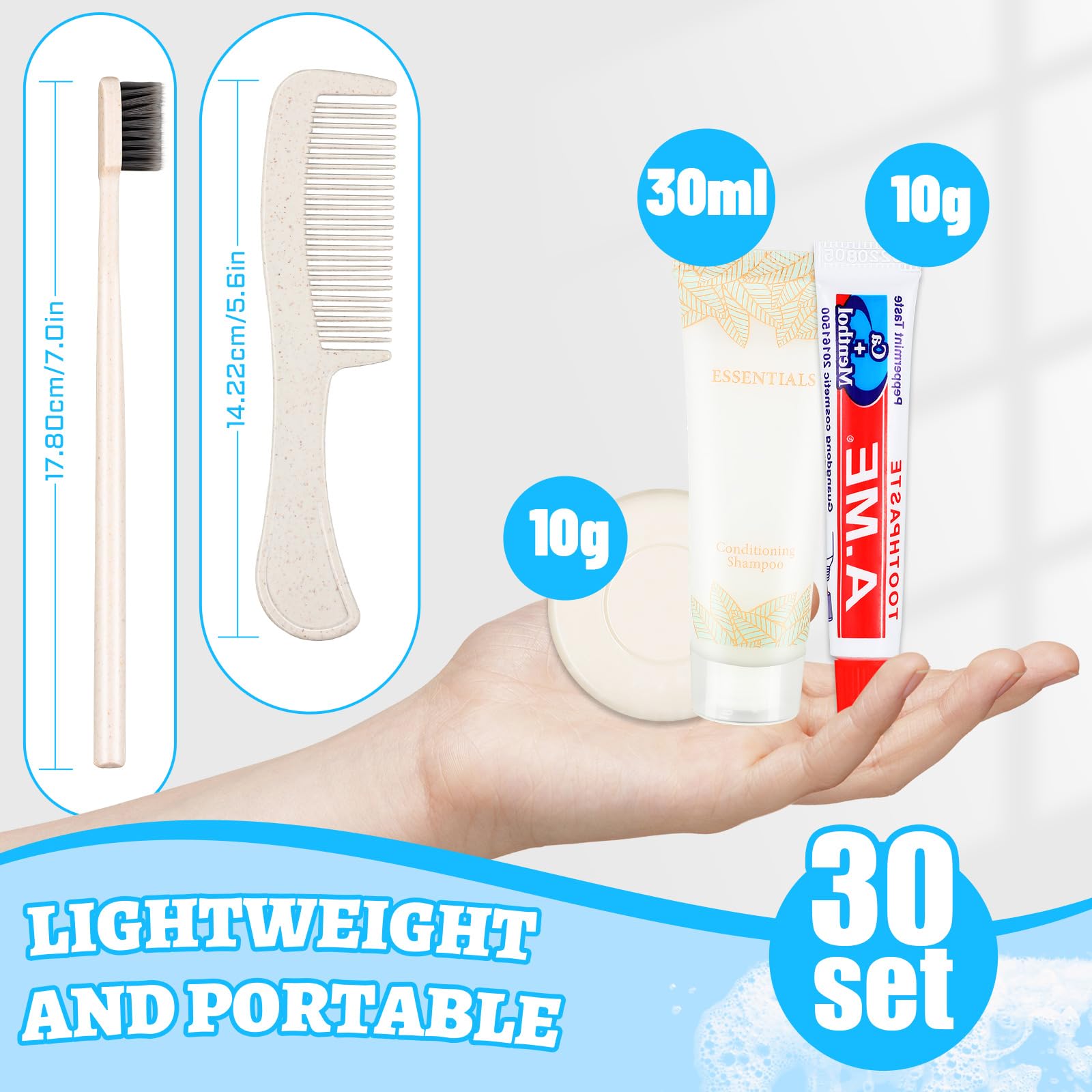 Panitay 30 kits de aseo desechable de viaje, kit de higiene de hotel desechable a granel, cepillo de dientes desechable a granel, incluye pasta de dientes, peine y jabón para viajes, hotel, refugio