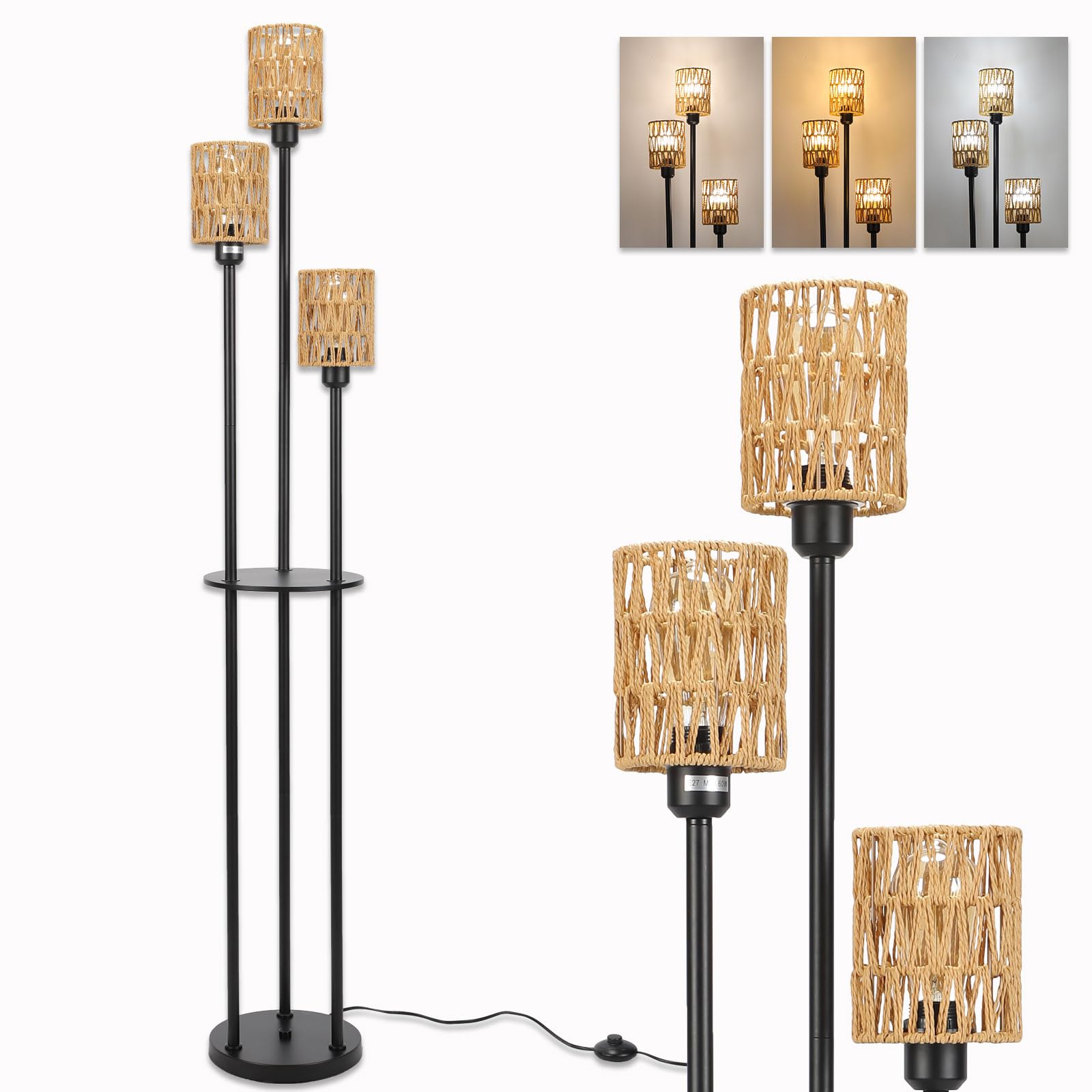 Lampara de Pie Salon Ratán Bohemio, 3 Luces con Estante E27