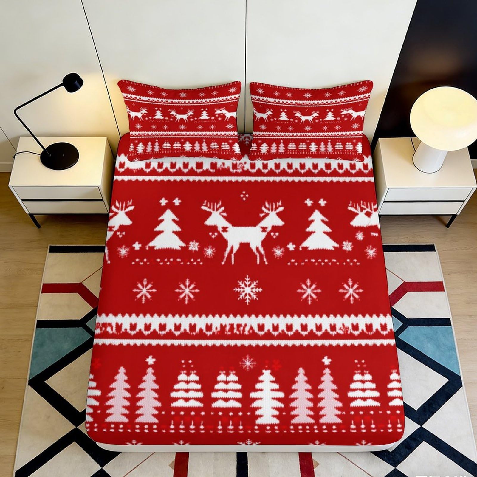 3D Printed Christmas Reindeer Fitted Sheet Microfiber Red Festive Tree Mattress Cover for Bedroom Guest Room Decor 90x200x25cm