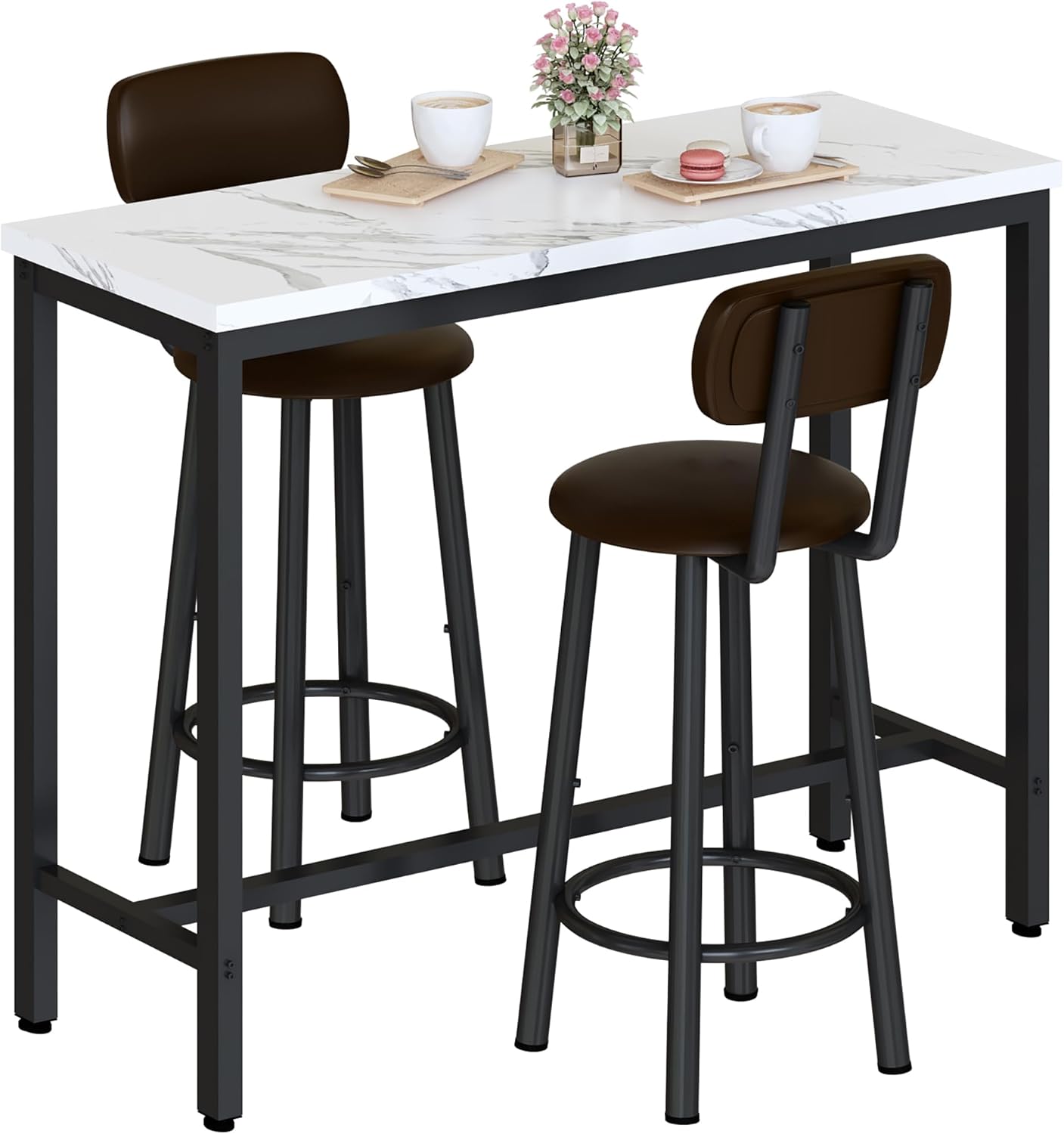 Lamerge Industrial Pub Height Table with 2 PU Upholstered Stools,3-Piece Kitchen Table and Chairs,Suit for Dining Room & Living Room & Breakfast Nook & Bistro,Bar Table Set for 2,Brown & Black,47.2"