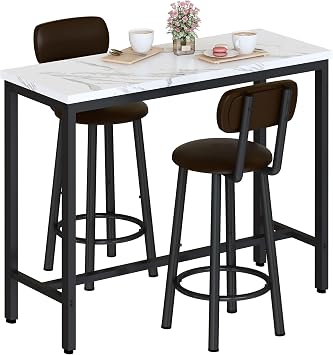 Faux Marble Pub Height Table with 2 PU Upholstered Stools,3-Piece Kitchen Table and Chairs,Suit for Dining Room & Living Room & Breakfast Nook,Space Saving Set for 2,White & Brown,39.3"