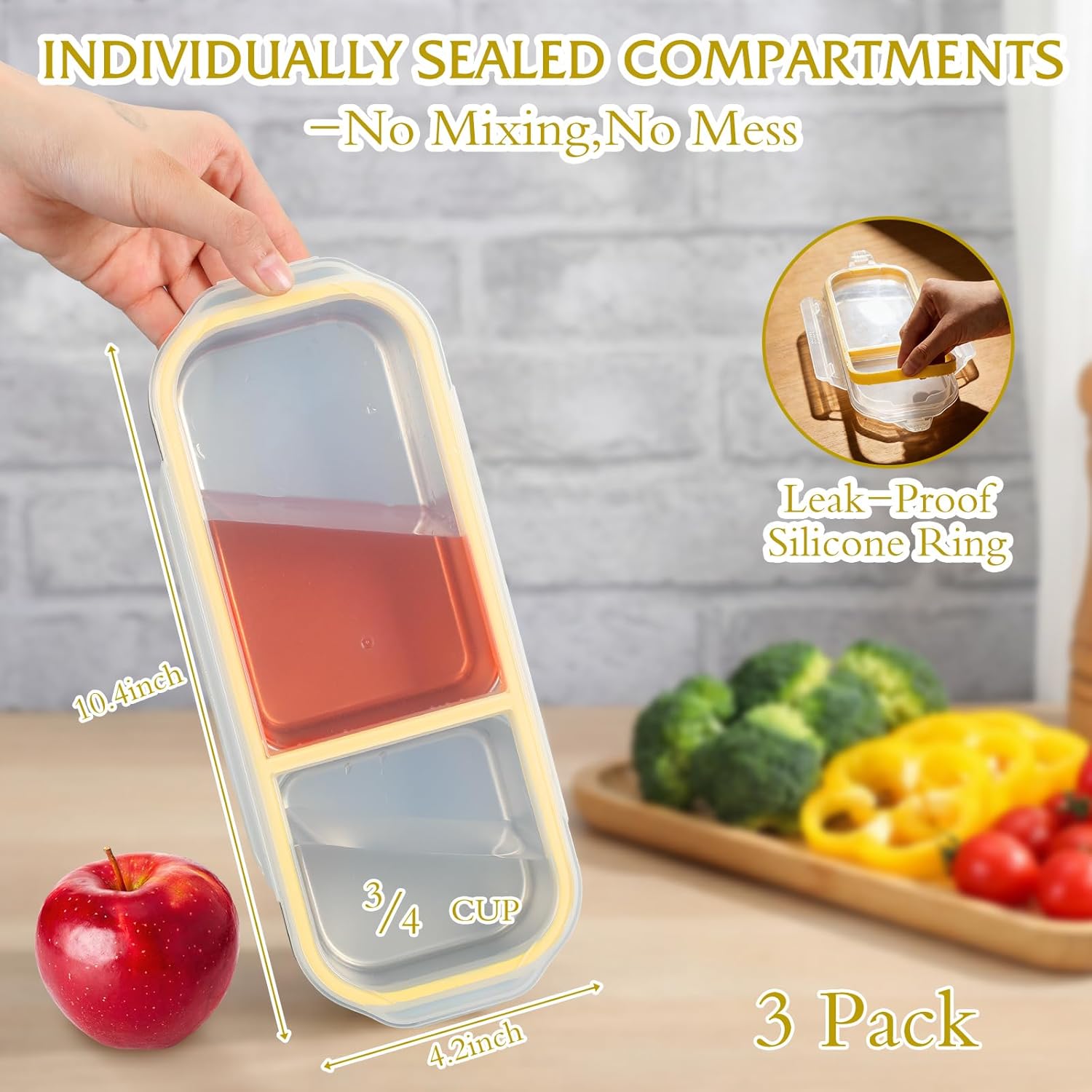 FoldTier 3 Pack Stainless Steel Snack Container for Adults 2-compartment Leak-proof Lunch Box for Work, Travel 10.6 x 4.1 x 2 Inch Stackable Reusable Metal Bento Box