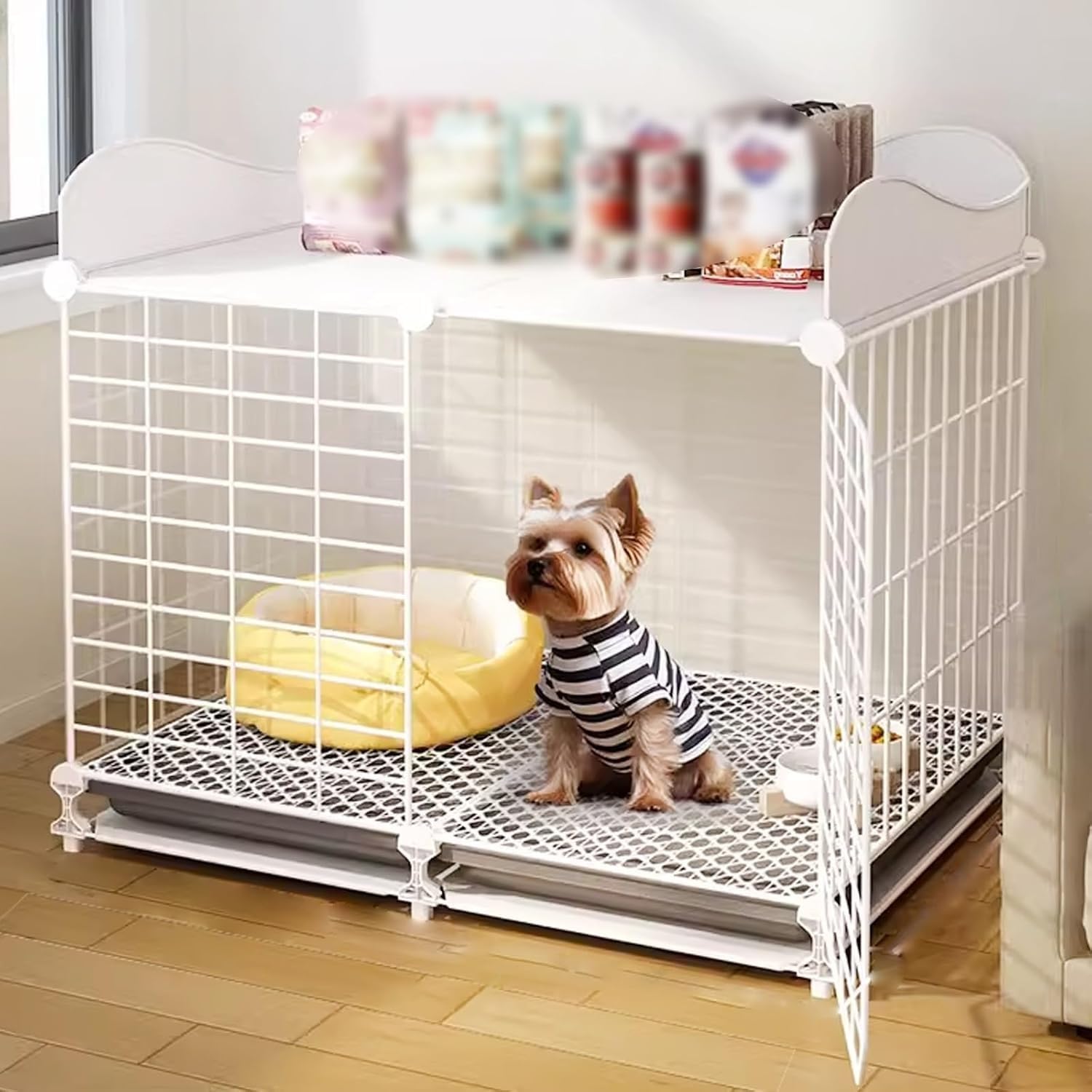 Cage d'intérieur résistante pour chien de taille moyenne avec plateau de rangement supérieur