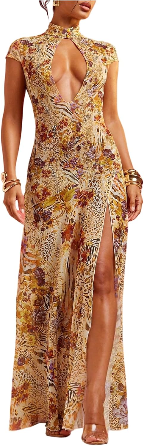 WDIRARA Women's Floral Animal Print Maxi Dress See Through Mock Neck High Split Ruffle Long Dress