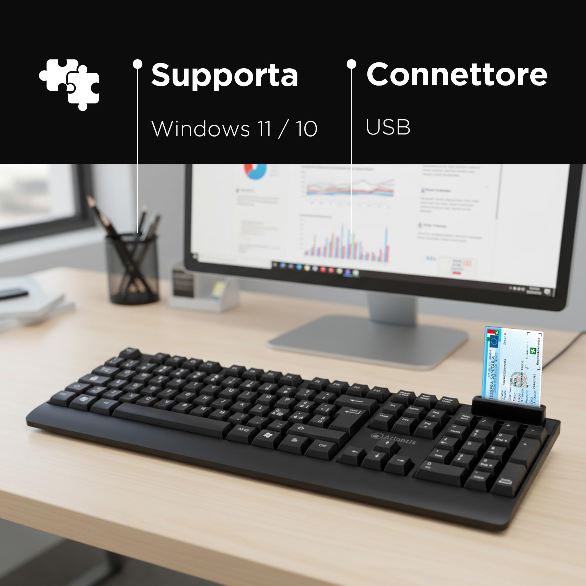 Atlantis Teclado con lector de tarjetas inteligentes integrado, QWERTY italiano, lectura CNS, CRS, tarjeta de salud, firma digital, puerto USB, cable de 1,5 m - negro