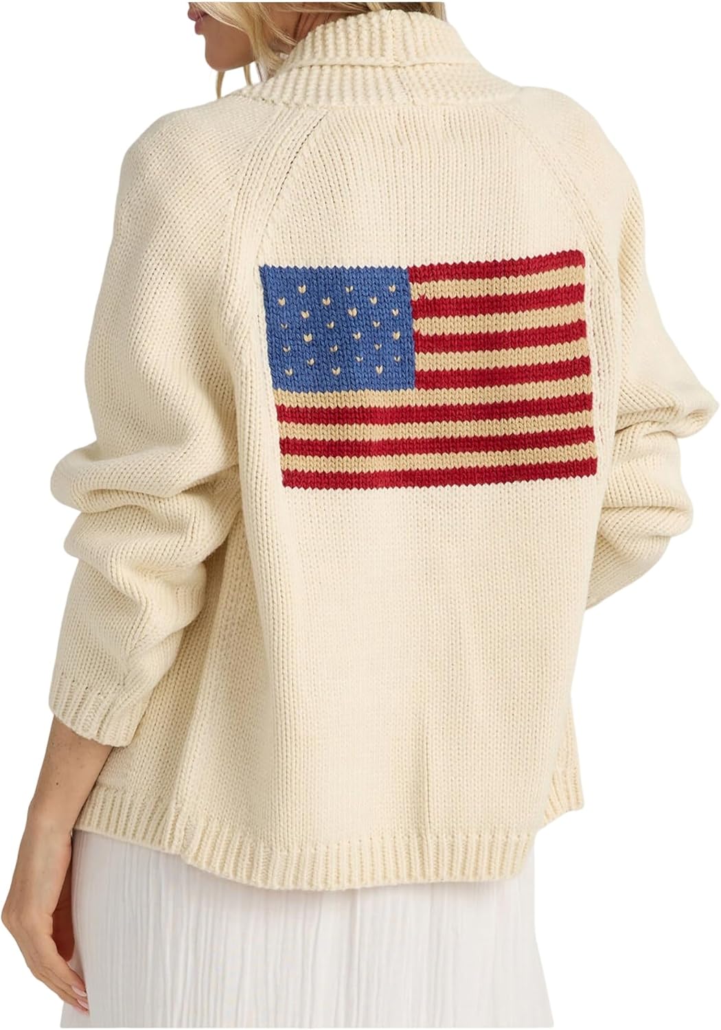 Women's American Flag Cardigan Long Sleeve Shawl Collar Button Down Fall Chunky Knit Varsity Sweater
