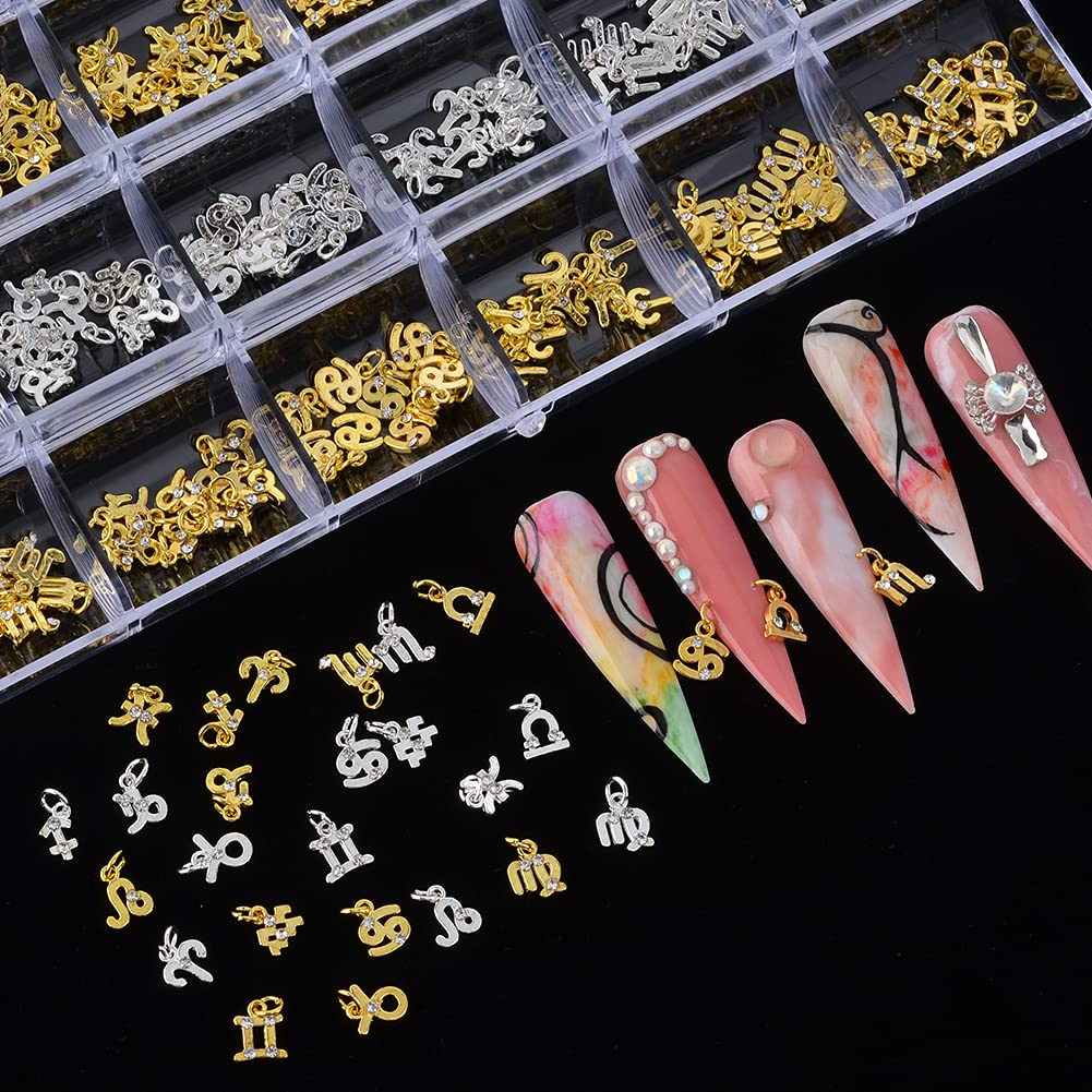 Nail Art Dangle Charms Rhinestones-240 PCS Nail Charms Dangle Constellation with Nail Piercing Tool Hand Drill Nail Jewelry Rings Pendant Nail Charms Zircon for Acrylic Nails Tips Decoration