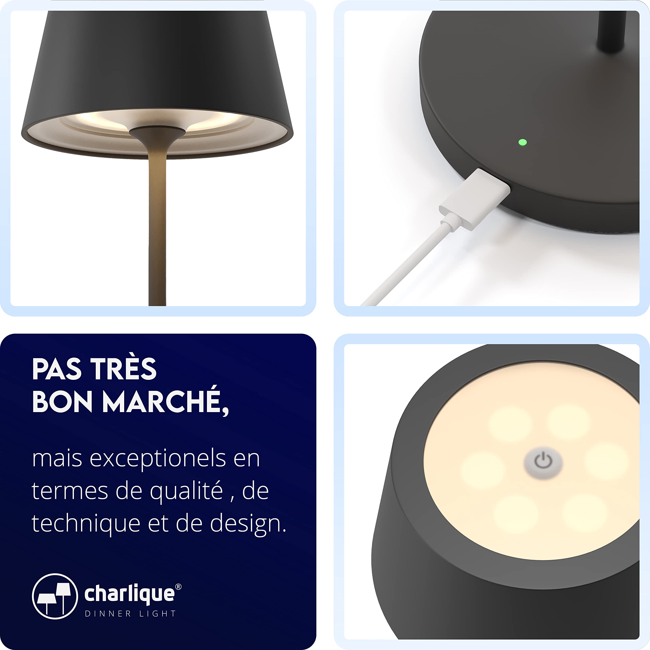 Dinner Light 2 - Lampe LED à poser rechargeable par USB en noir – lampe nomade tactile sans fil avec variateur – batterie puissante – aussi pour l’extérieur