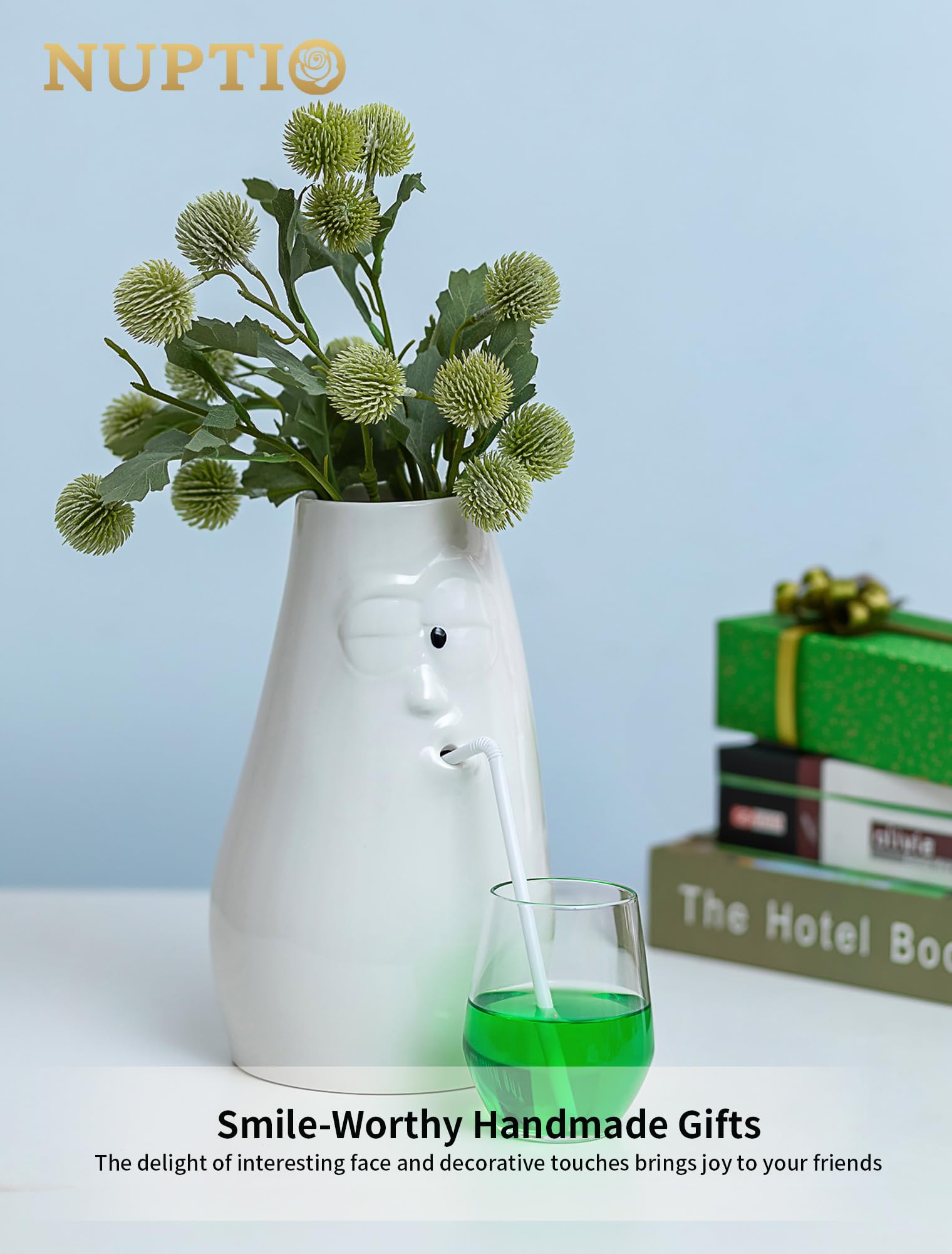 NUPTIO Vaso Bianco Regalo Compleanno: Ceramica Idea Fiori Vasi Decorativo Interno per Anniversario Natale - 24,5cm Altezza Moderno Centrotavola per Ufficio Camera Soggiorno Tavolo