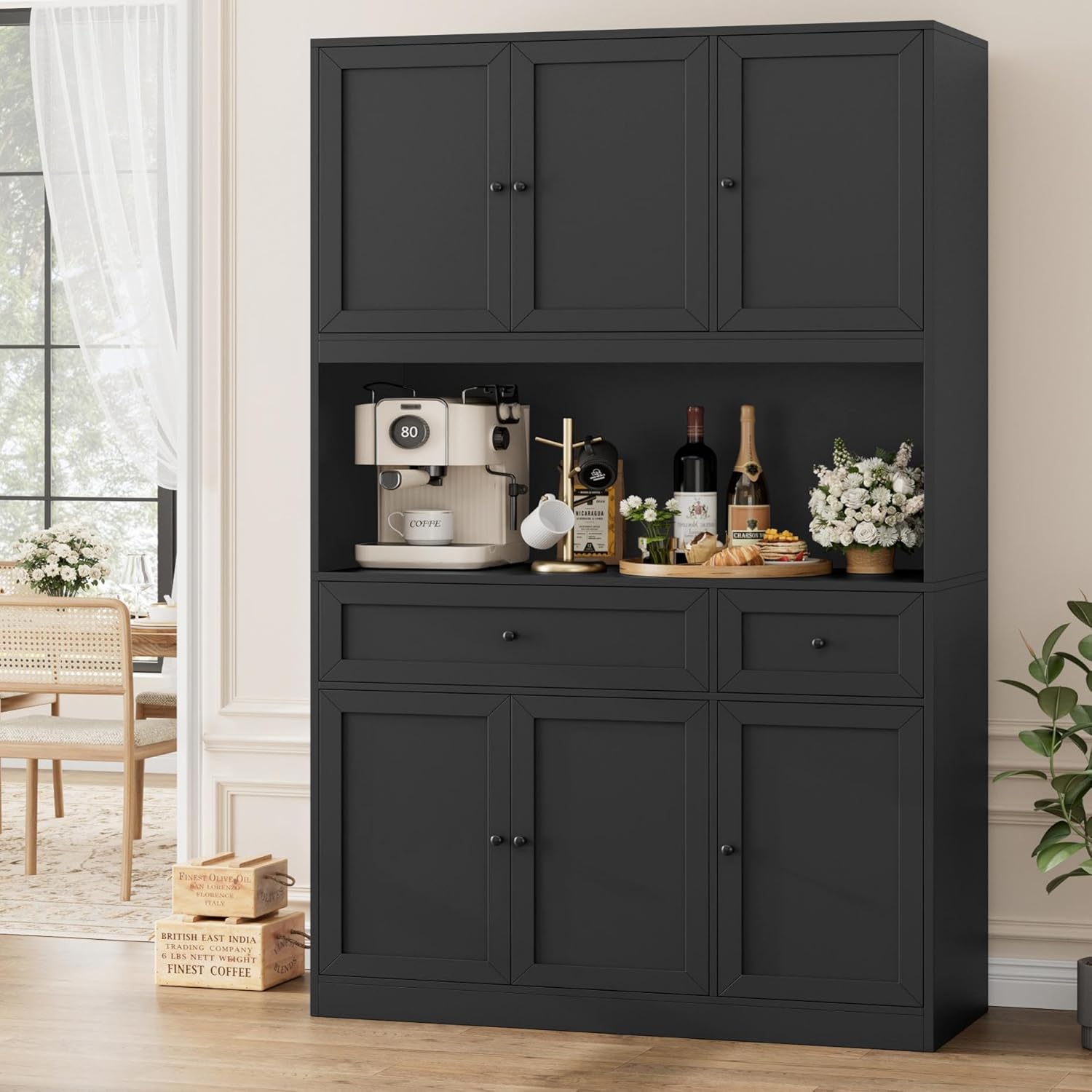 72" Kitchen Pantry Cabinet, Kitchen Hutch with Microwave Stand, Buffet Cabinet with Hutch for Dining Room, Black