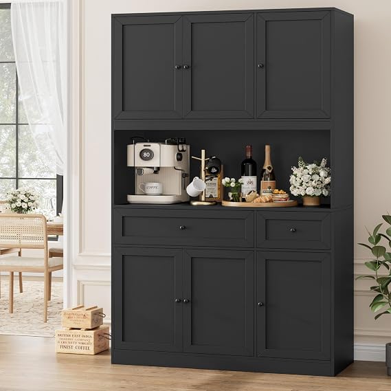 72" Black Pantry Cabinet, Kitchen Pantry Storage Cabinet with 6 Doors and 2 Drawers, Kitchen Hutch with Microwave Stand, Buffet Cabinet with Hutch for Dining Room