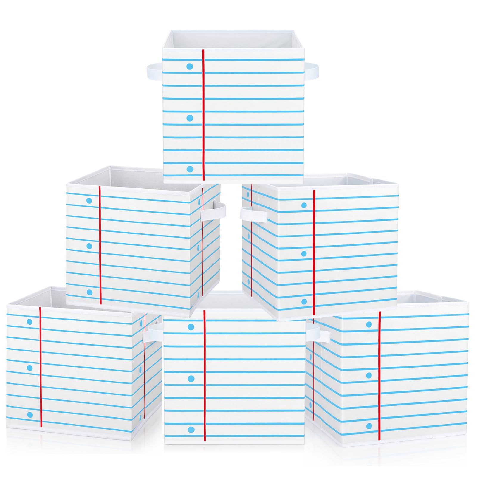 RattanView 6 Pcs 11in Colorful Fabric Storage Bins Classroom Must Have Cubby Basket Bins Return School Treasure Prize Box End of Year Organization for Daycare Elementary Preschool(Red, Blue Lines)