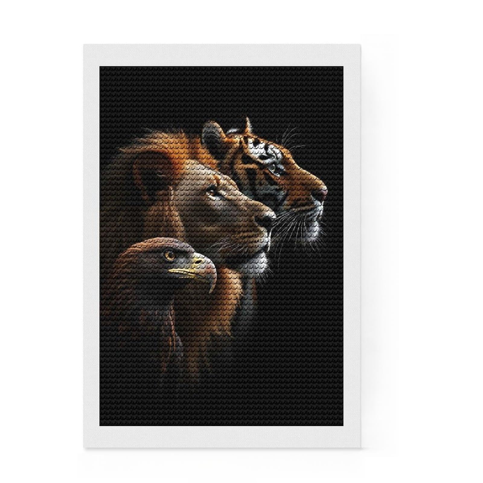 Junmoney Lion Tiger Eagle, Wild Life Portrait Diamond Style Art Kit 8"x12", Round Gems, Mindful Craft Project, Thoughtful Present, Aesthetic Room Decor