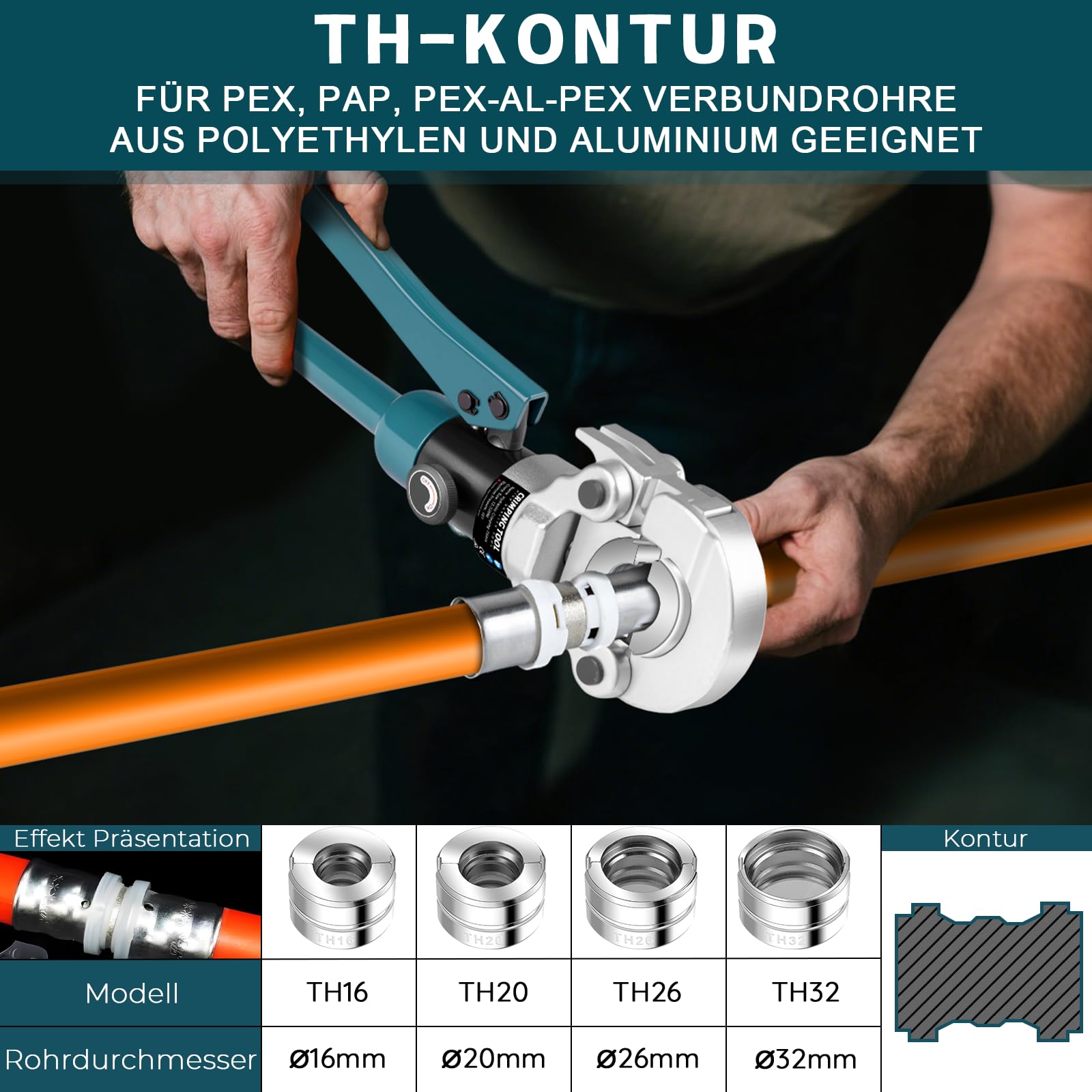 Pince à sertir professionnelle pour tube en cuivre CR V et contour TH avec coupe-tuyau, pince à sertir manuelle, pince à sertir pour tuyau composite avec V12, V15, V18, V22, V28 et TH16, TH20, TH26