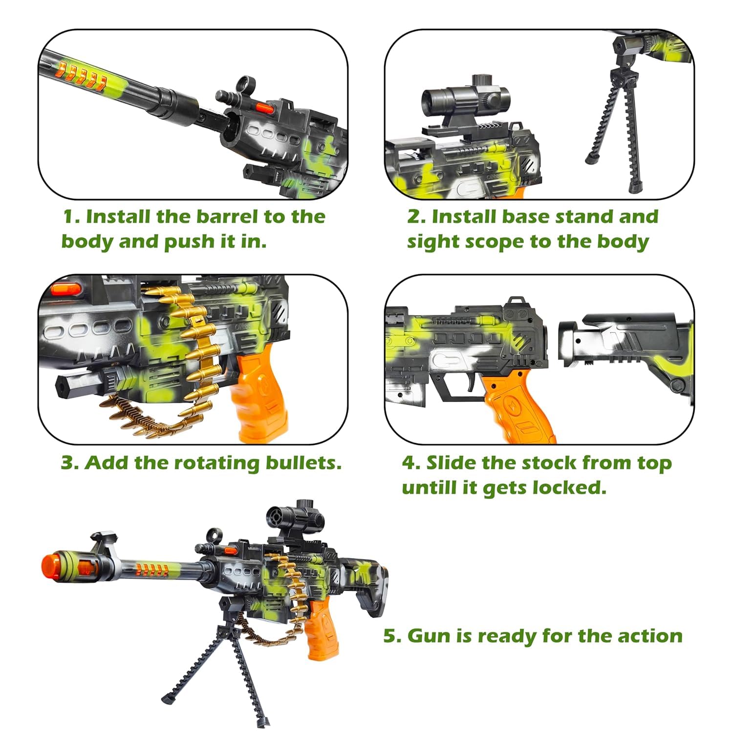 Kidoyz Revolving Machine Gun Toy with Stand and Carry Strap, Flashing Lights & Sound Effect | Army Printed/Multi Color 1