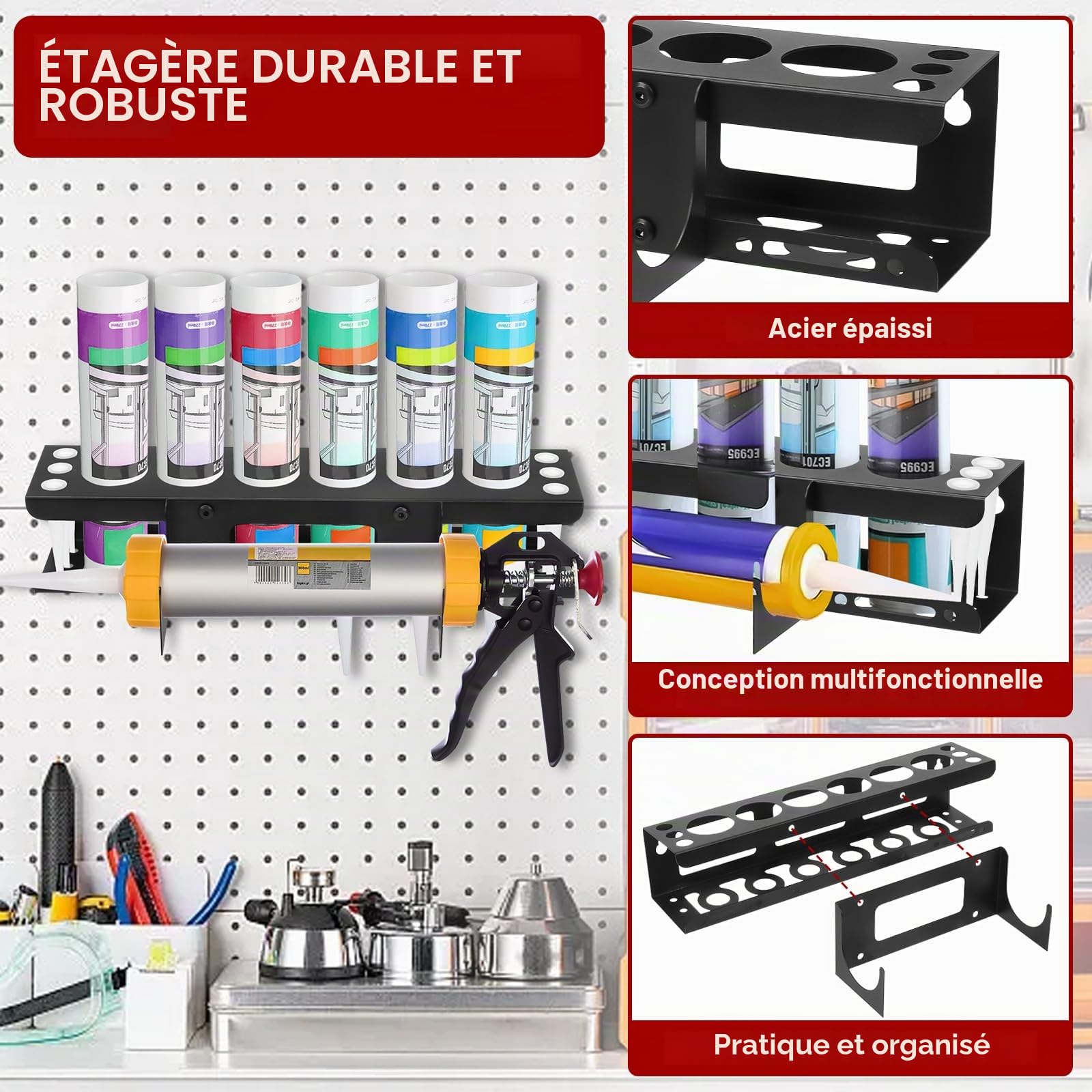 Tefola Support de rangement mural en silicone pour tubes de calfeutrage, pistolets à calfeutrer, support en métal pour rangement d'outils de van, accessoires pour 6 tubes de calfeutrage (1)