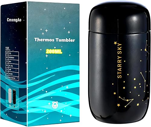 Mini botella de agua térmica con cielo estrellado, 7 onzas, de acero inoxidable, con aislamiento al vacío, botella con bolsillo para amantes (negro)